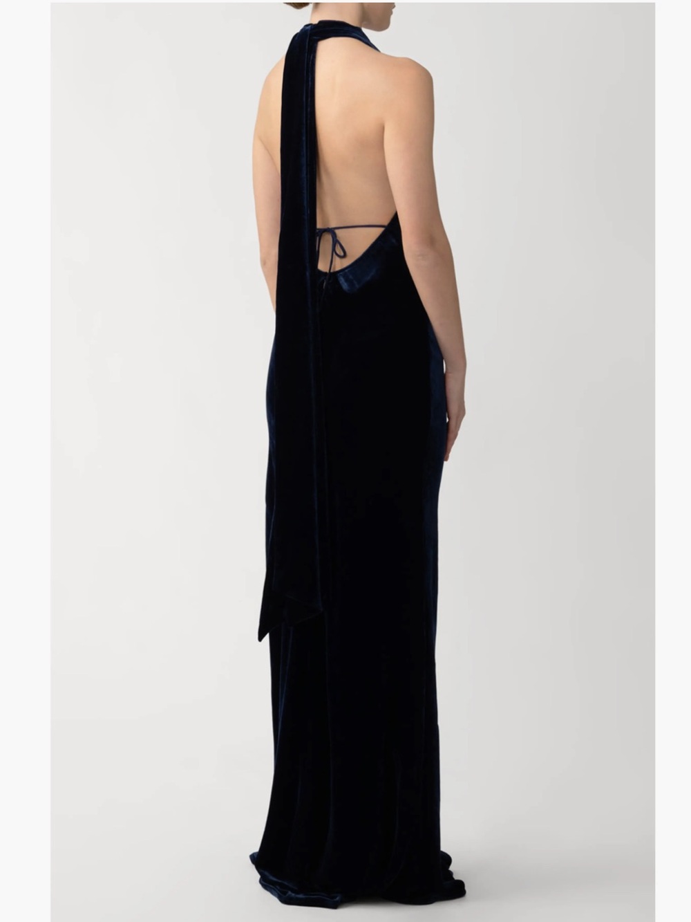 SAU LEE Pearl Cowl Scarf Open Back Strappy Velvet Gown in Midnight Blue - Picture 2 of 10